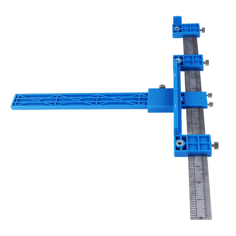 Precision Aluminum Punch Locator Drill Guide Jig For Pro Level Cabinetry And Carpentry showing a blue alignment jig with measuring scale.