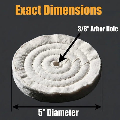 Top Notch 2 Pcs 5 Inch Cotton Buffing Wheels With 3/8 Inch Arbor Hole Built Tough For Die Grinder And Angle Tool Slick Polish Pads For Brass And Stainless Steel Tasks, showing exact dimensions.