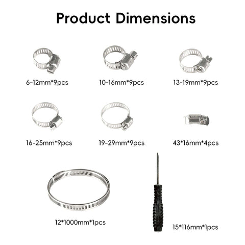 All In One 45 Piece Hose Clamp Kit With One Quarter Inch To One And One Eighth Inch Adjustable Stainless Steel Clamps, kit components
