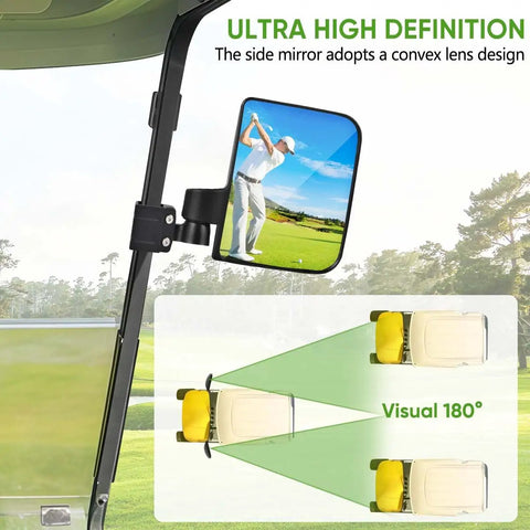 Heavy Duty Golf Cart Rearview Mirror No Drill Required Folding Adjustable 180 Degrees with clear view of golf course.