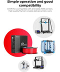 Creality CR series PETG filament box and spool with compatible 3D printers in the background