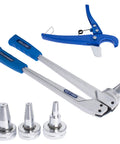 Beefed Up PEX Expansion Tool Kit Manual Expander with half inch, three quarter inch, and one inch heads, cutting pliers shown.