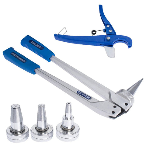 Beefed Up PEX Expansion Tool Kit Manual Expander with half inch, three quarter inch, and one inch heads, cutting pliers shown.