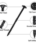 Heavy Duty Exterior Wood Screws No 14 X 4 Inch with self drilling tips, serrated threads, washer head, and T30 Torx drive.