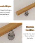 Premium Solid Oak Wood Handrail For Indoor Stairs And Hallways With Steel Mounting Brackets showing rounded edges and stainless steel plate.