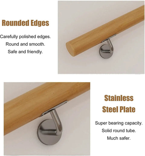 Premium Solid Oak Wall Mount Stair Handrail Featuring Heavy Duty Metal Brackets with Rounded Edges and Stainless Steel Plate.