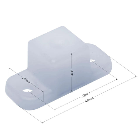 4 Pack 3/4 Inch White Plastic Drawer Slide Spacers Cabinet Side Shims, detailed view showing dimensions for alignment use.