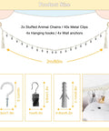 80 Inch Hanging Storage Chain For Stuffed Animals 2 Pack With 40 Metal Clips, showing clips and wall anchors, white