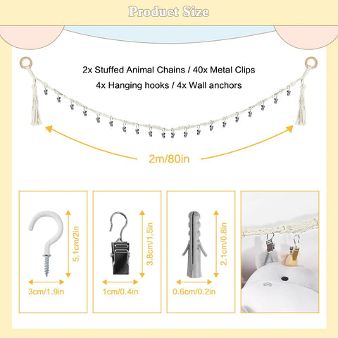 80 Inch Hanging Storage Chain For Stuffed Animals 2 Pack With 40 Metal Clips, showing clips and wall anchors, white
