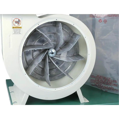 Heavy Duty 2 HP Dust Collector With Balanced Cast Aluminum Impeller And Dual Four Inch Inlets For Workshops close-up of the impeller.
