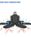 LED Garage Lights 6 Pack 220W With 6 Plus 1 Deformable Panels showcasing heat dissipation, base view, E26 E27, 360 Degree Coverage.