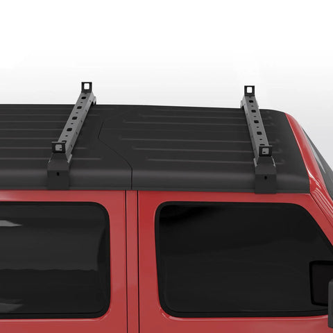 Heavy Duty Black Roof Rack Crossbars For Jeep Wrangler JK JL Gladiator JT Hardtops mounted on a red vehicle roof.