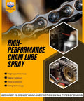 Heavy Duty Chain Lube 6 Pack 11 Oz Cans Fast Drying Zero Mess Formula For Motorcycle And Atv O Ring Roller Chains Gears Drive Systems Runs Like Butter Rust Busting Built Tough For Real Dirt Roads on chain close-up.
