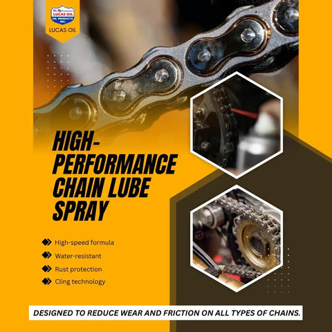 Heavy Duty Chain Lube 6 Pack 11 Oz Cans Fast Drying Zero Mess Formula For Motorcycle And Atv O Ring Roller Chains Gears Drive Systems Runs Like Butter Rust Busting Built Tough For Real Dirt Roads on chain close-up.