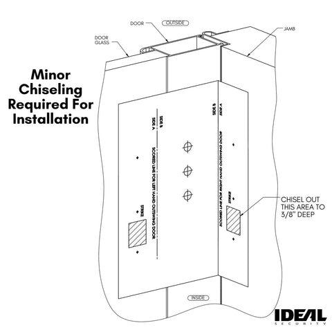 Installation guide diagram for upgraded door lever with deadbolt lock for storm and screen doors, shows chiseling instructions.