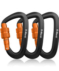 Three black and orange Beefy Heavy Duty Locking Carabiner Clips 12kN Aluminum 7075 Lightweight for multipurpose outdoor use