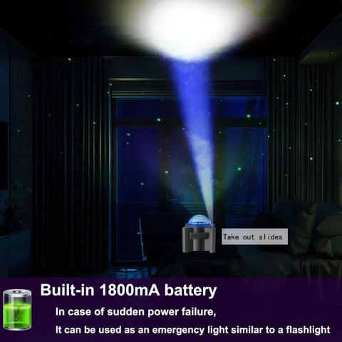 15 In 1 Star Projector With Remote, Galaxy Night Light And Moon Light projecting stars, showing built-in 1800mA battery feature.