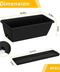 Heavy Duty Black Balcony Rail Planters 16.9 Inch Deck Flower Boxes dimensions showing 16.9x6.9x5.5 inches with drainage feature.