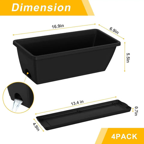 Heavy Duty Black Balcony Rail Planters 16.9 Inch Deck Flower Boxes dimensions showing 16.9x6.9x5.5 inches with drainage feature.