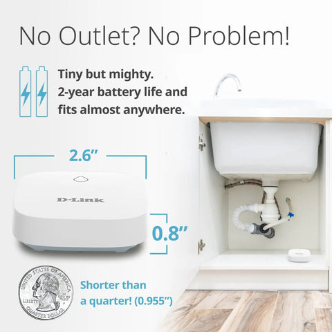 Smart WiFi Water Leak Detector Starter Kit With Two Sensors 100 dB Alarm App Alerts LED Strobe No Hub Needed Works With Google 1000ft Range Expandable System shown under sink with size comparison to a coin.