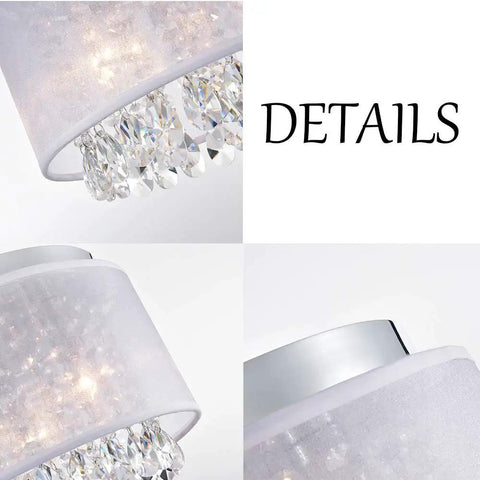 Close-up of Chic Net Yarn Drum Chandelier Three Light White Crystal Ceiling Fixture for Bedroom showing crystal details.