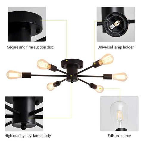 Six Light Sputnik Ceiling Light Dope Matte Black Semi Flush Mount Edison Chandelier Industrial Farmhouse Fixture with labels