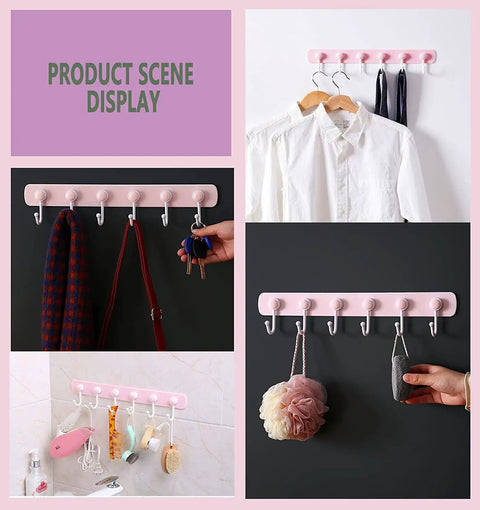 Kids Room Wall Mount Coat Rack With Six Rotating Adhesive Hooks installed in various settings, showcasing clothes and tools hanging.