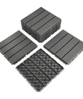 Interlocking 12x12 Outdoor Deck Tiles Grey, 9 Sq Ft Pack Of 9, showing stacked tiles and underside design for porch poolside use