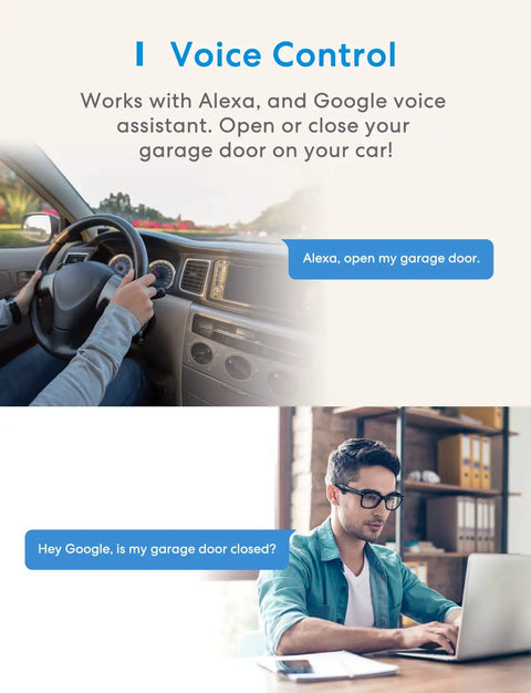 Smart Garage Door Opener Remote With App Control And Alexa SmartThings Compatibility, Voice Notifications And Remote Access No Hub Needed being used by driver and man at desk.