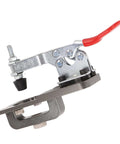 Side view of 35mm hinge boring jig kit in aluminum alloy with red handle and drill guide for cabinet doors