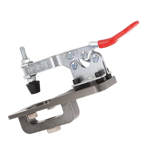 Side view of 35mm hinge boring jig kit in aluminum alloy with red handle and drill guide for cabinet doors