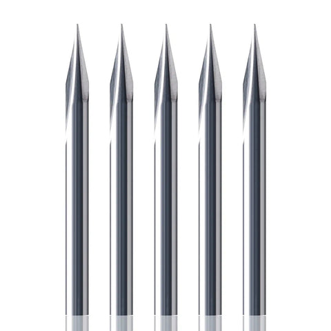 Ready To Roll V Groove Cnc Router Bit With One Eighth Inch Shank and razor sharp carbide edge in a row, ideal for detailed wood carving.