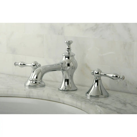 Widespread Lavatory Faucet With Brass Pop-Up Drain Five And Five Eighths Inch Spout Reach Polished Chrome No-Fuss Deck Mounted
