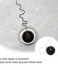 2 Pcs Black Silicone Bathtub Drain Stopper with Chain for Shower Use close-up, showing chain design and drain fitting.