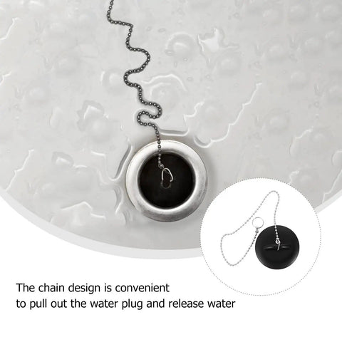 2 Pcs Black Silicone Bathtub Drain Stopper with Chain for Shower Use close-up, showing chain design and drain fitting.