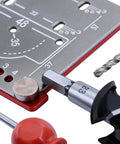 Close-up of Precision Cabinet Locator Kit For Door Hinge Alignment With Pro Adjustable Template Jig and drill bits for woodworking