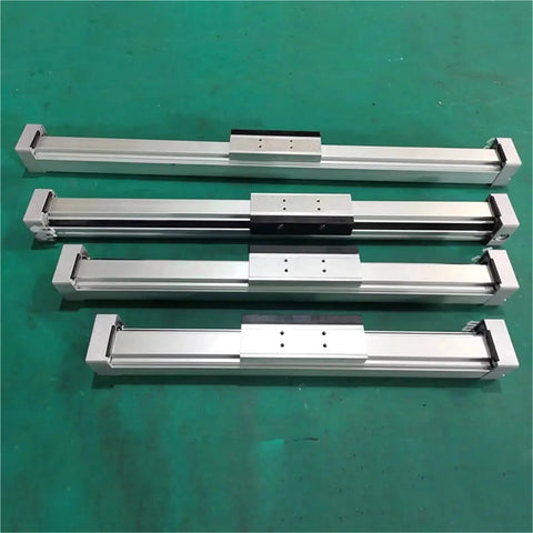 Top Shelf Pneumatic Rodless Cylinder Featuring Precision Linear Guide For Smooth Straight Stroke Motion Control 18 25 32 40mm heavy-duty actuators on a green background.