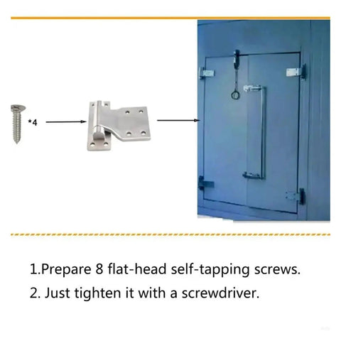 Beefy Heavy Duty T Type Stainless Steel Door Hinge with screws shown in installation on a distribution cabinet box.