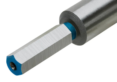Close-up of a Forstner Bit Set 5/16 To 2-1/16 Inch, 15-Piece With Hex Shanks For 3/8 Drill Chucks, showing a hex shank detail.