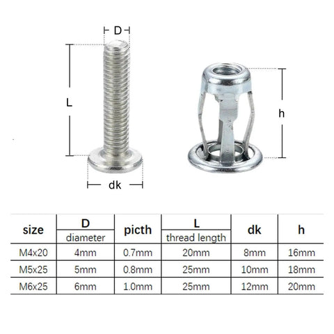 Expansion Rivet Jack Nut Kit For Hollow Walls And Drywall 35 Piece Set In M4 M5 And M6 Heavy Duty DIY Friendly Carbon Steel Construction With Petal Anchors That Expand Behind Walls For Strong Reliable Fastening And Woodworking Projects size chart