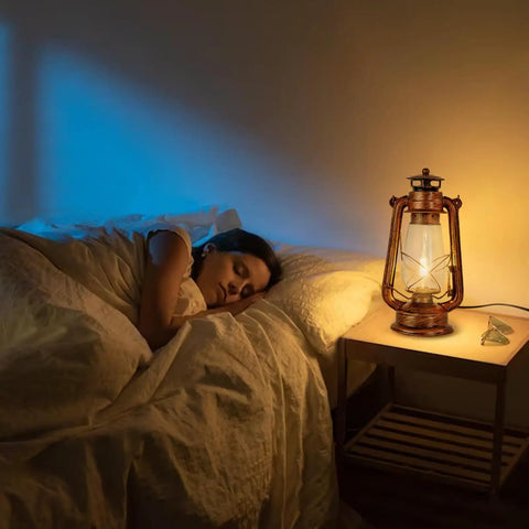 Rustic Lantern Table Lamp With Glass Shade For Living Room And Bedroom, Vintage Vibe Nightstand Light, glowing by bedside