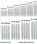 All In One Watch Band Repair Kit With Heavy Duty Stainless Steel Pins 40 Piece Set 10 Sizes For 1.5mm And 1.8mm Spring Bar Tool Included For Quick Strap Fix And Jewelry Repair displayed.