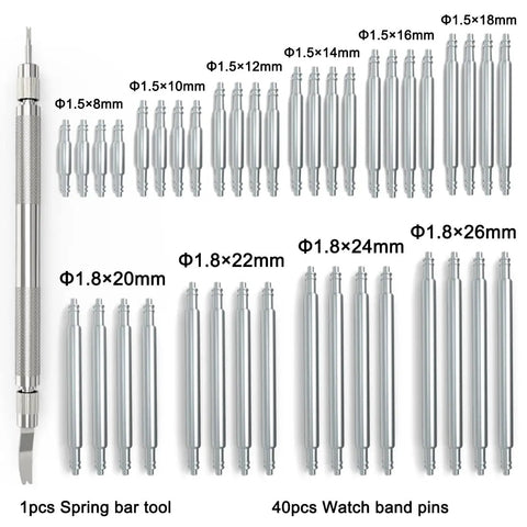 All In One Watch Band Repair Kit With Heavy Duty Stainless Steel Pins 40 Piece Set 10 Sizes For 1.5mm And 1.8mm Spring Bar Tool Included For Quick Strap Fix And Jewelry Repair displayed.