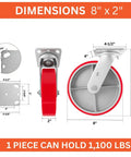 Diagram of Four 8 Inch Swivel Lock Casters With Polyurethane On Cast Iron Wheels Red Finish 1100 Lb Load Capacity Per Caster