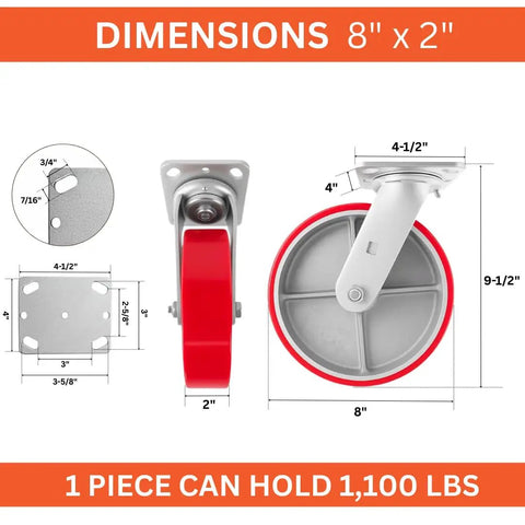 Diagram of Four 8 Inch Swivel Lock Casters With Polyurethane On Cast Iron Wheels Red Finish 1100 Lb Load Capacity Per Caster