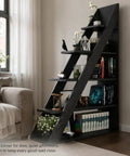 Ladder Bookshelf 5 Tier Industrial Bookcase With Storage Shelves Room Divider Freestanding Display Shelf, black wood grain, side view