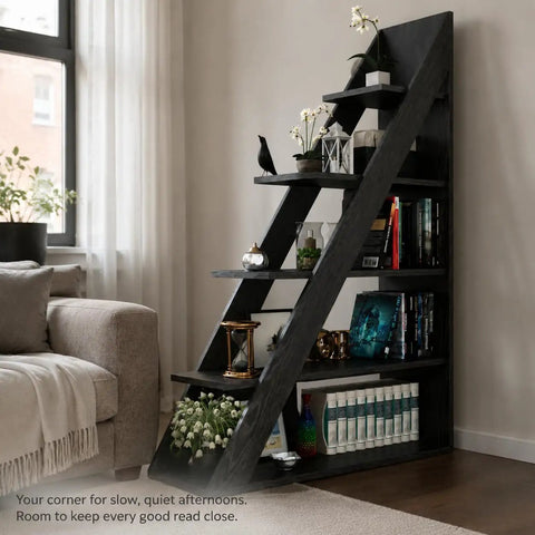 Ladder Bookshelf 5 Tier Industrial Bookcase With Storage Shelves Room Divider Freestanding Display Shelf, black wood grain, side view