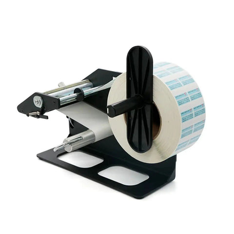 Automatic Peeling Machine For Round Sealing Stickers And Label Printers Adjustable Speed Handles Wide Range Of Sizes Efficient Workflow Easy Integration on a black base with a roll of printed labels.