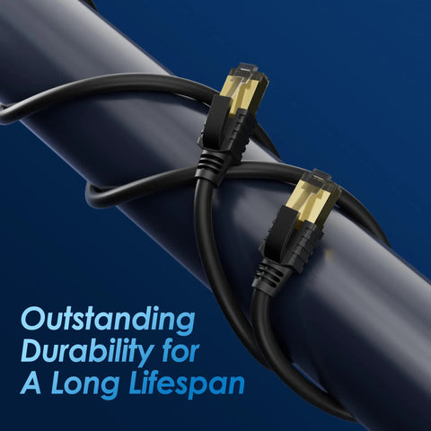 Long 50 Foot CAT7 Ethernet Patch Cable SFTP Triple Shielded For Ultra Fast Internet 10Gbps And 600MHz Bandwidth coiled around a pipe