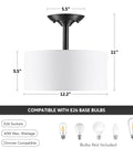 Diagram of Matte Black 13 Inch Drum Ceiling Light Fixture With White Shade Two-Light Semi-Flush Mount Close-To-Ceiling Lamp